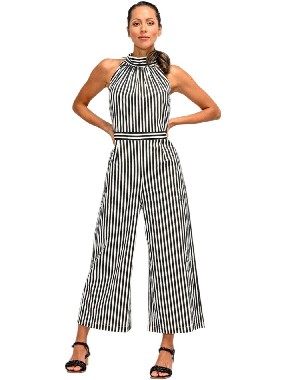 Wyatt Wylde Stella Striped Halter Jumpsuit Cropped Wide Leg  Sleeveless Sz.Large